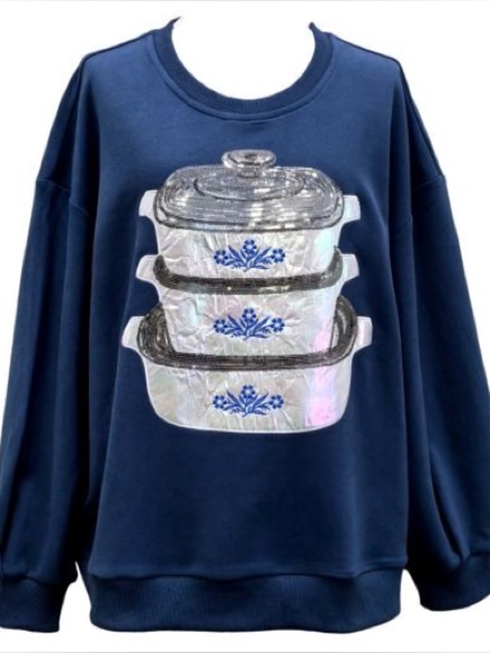 Queen of Sparkles Blue Corningware Sweatshirt with Stacked Bakeware Graphic